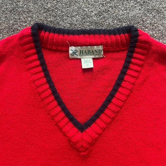 Vintage Haband Red V Neck Knit Long Sleeve Pullover Sweater Navy Trim Men’s XL - Picture 3 of 13